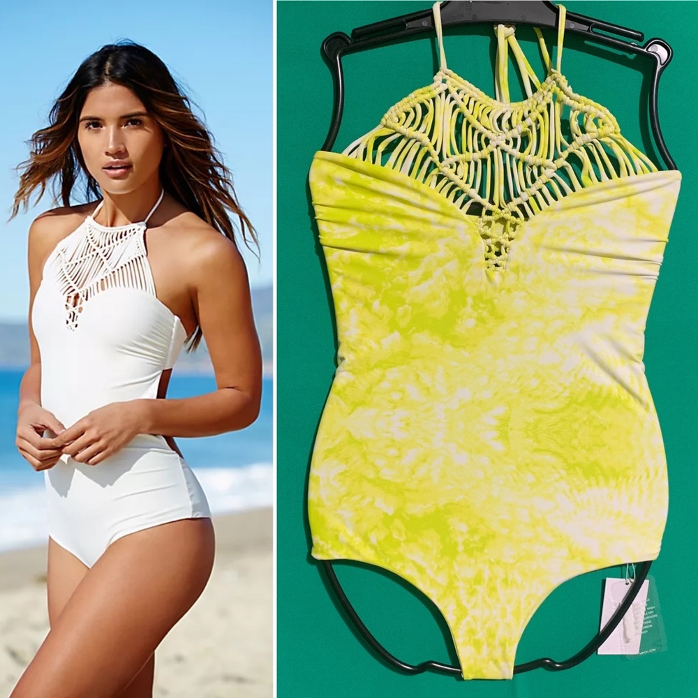 Mikoh Swim Moorea One-Piece Swimsuit Bathing Halter Tie Dye Yellow Lime XS